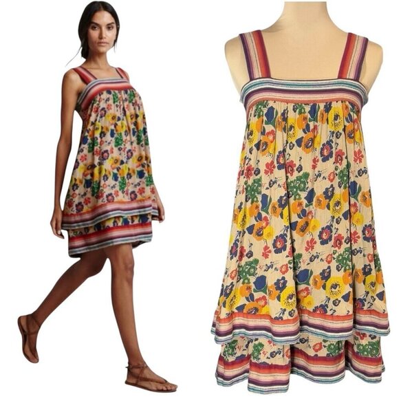 WARM NY Babydoll Mini Dress Sz.XS Tiered Floral Smocked Back Sundress Boho - Picture 1 of 13